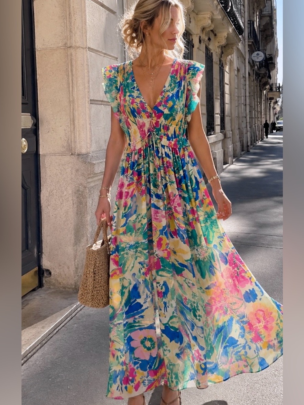 Current Air Los Angeles Fuchsia Multicolor Floral Pleated Maxi Dress L NWT